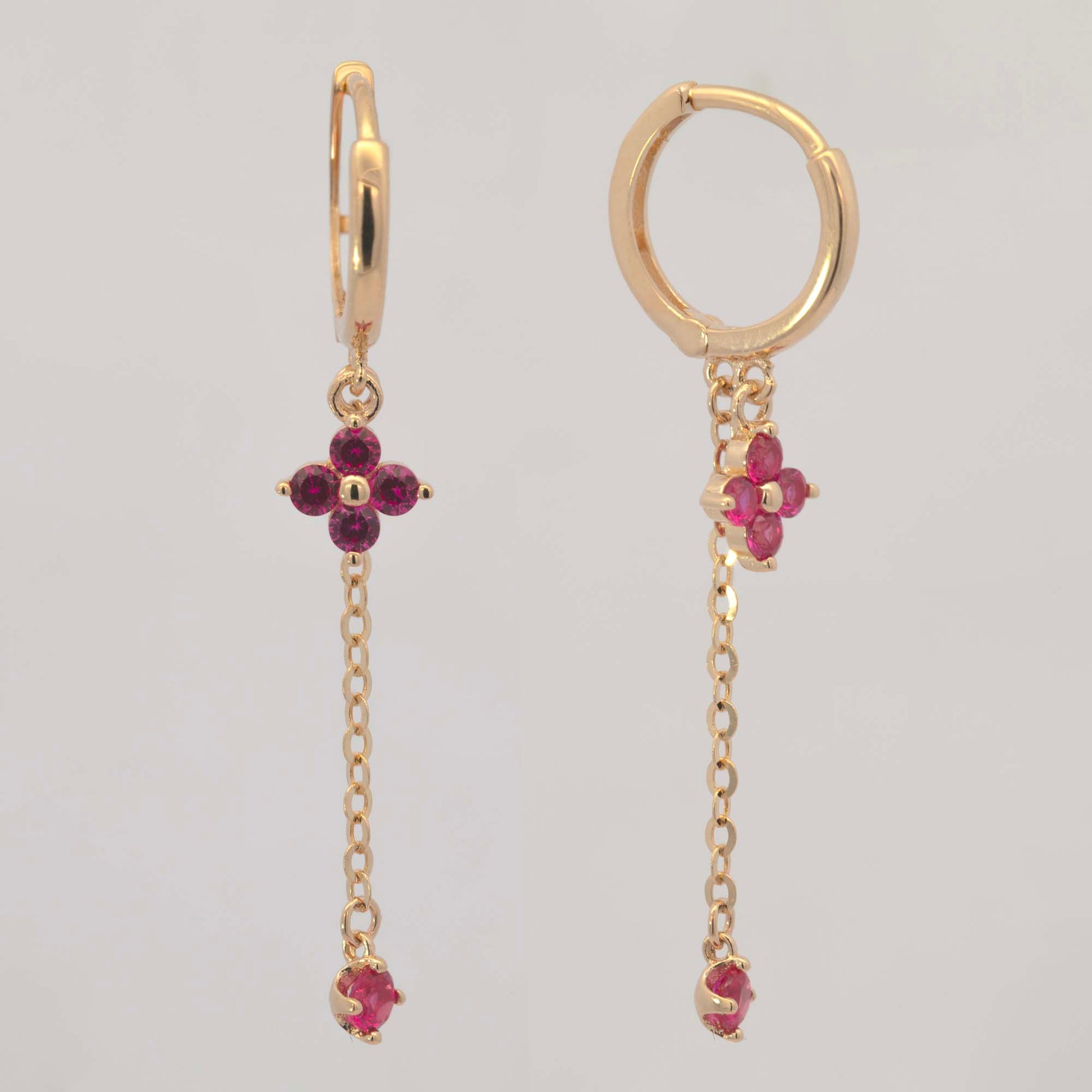14k Yellow Gold Red Flower Dangling Huggie Earring