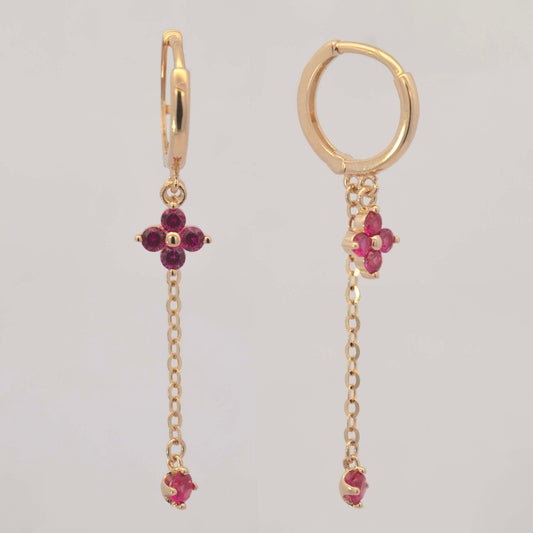 14k Yellow Gold Red Flower Dangling Huggie Earring