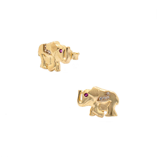 14k Yellow Gold Red Eyes Elephant Earring