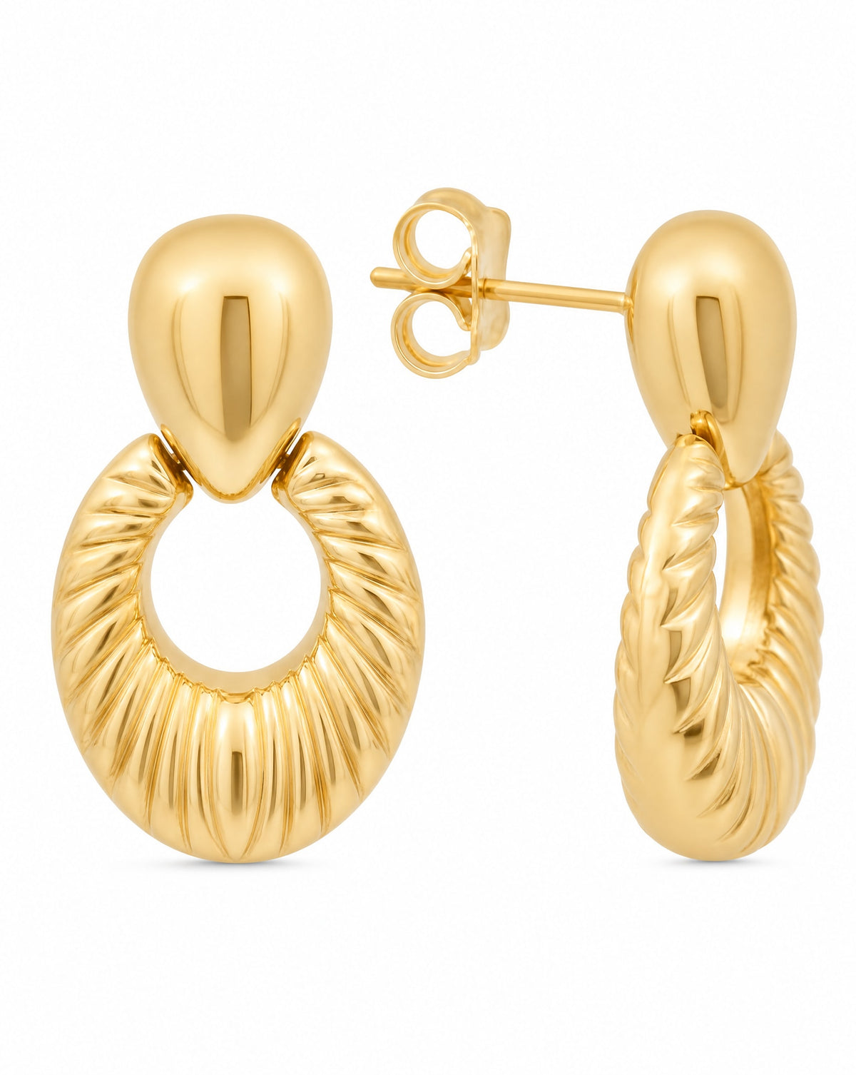 14k Yellow Gold Ribbed Open Round Earring