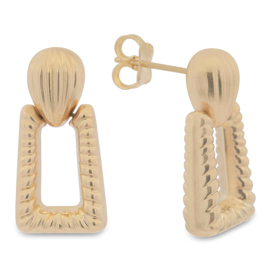 14k Yellow Gold Ribbed Open Square Earring