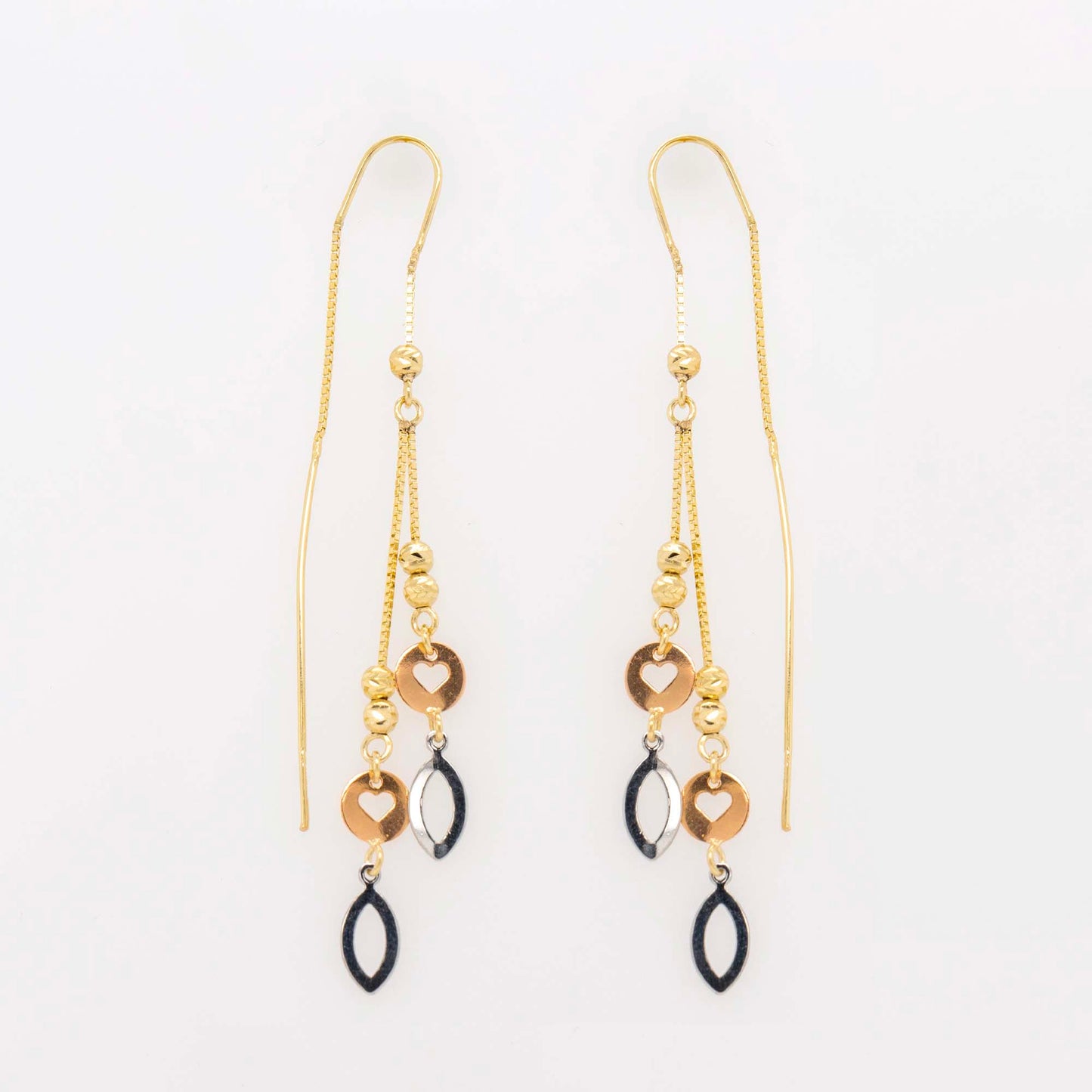 14K Tri-Color Gold Heart & Drop Dangling Earring