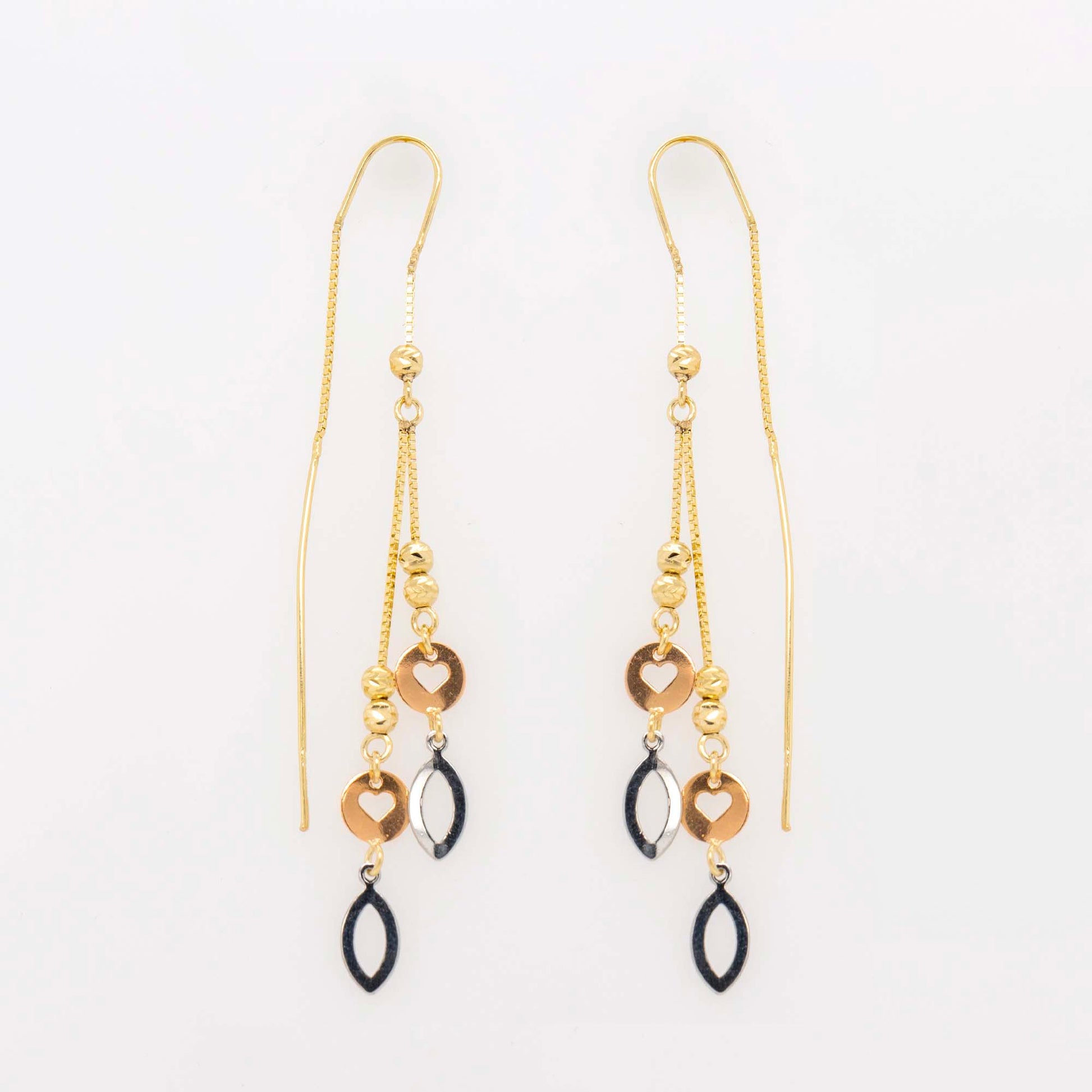 14K Tri-Color Gold Heart & Drop Dangling Earring