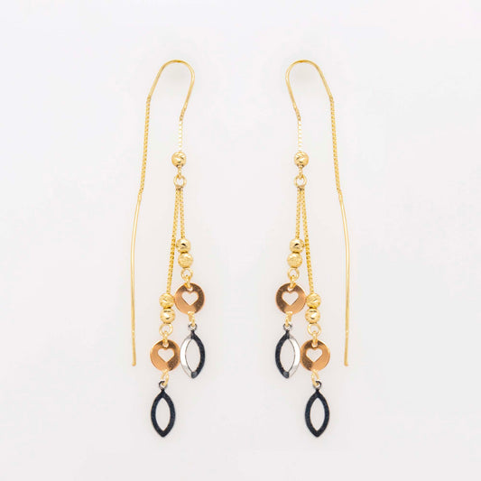14K Tri-Color Gold Heart & Drop Dangling Earring