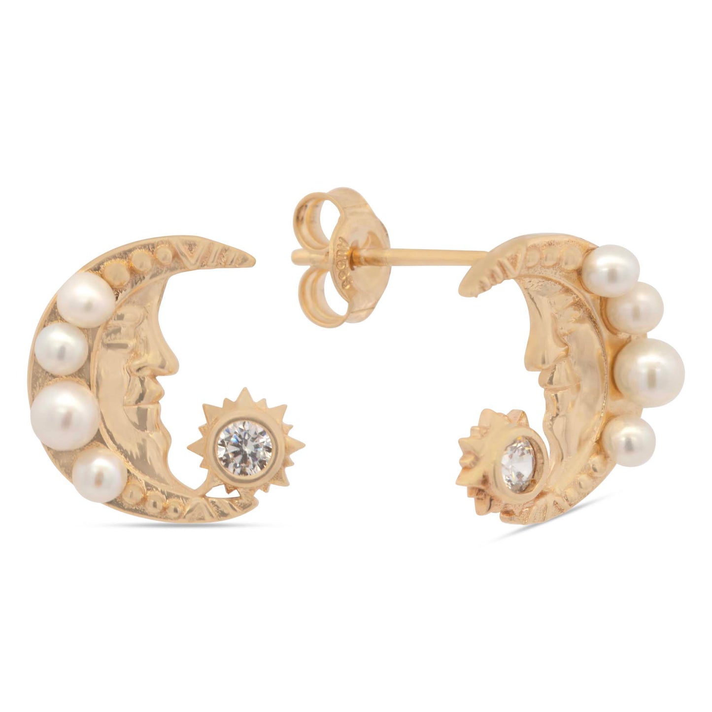14k Yellow Gold Moon with Pearls Earring