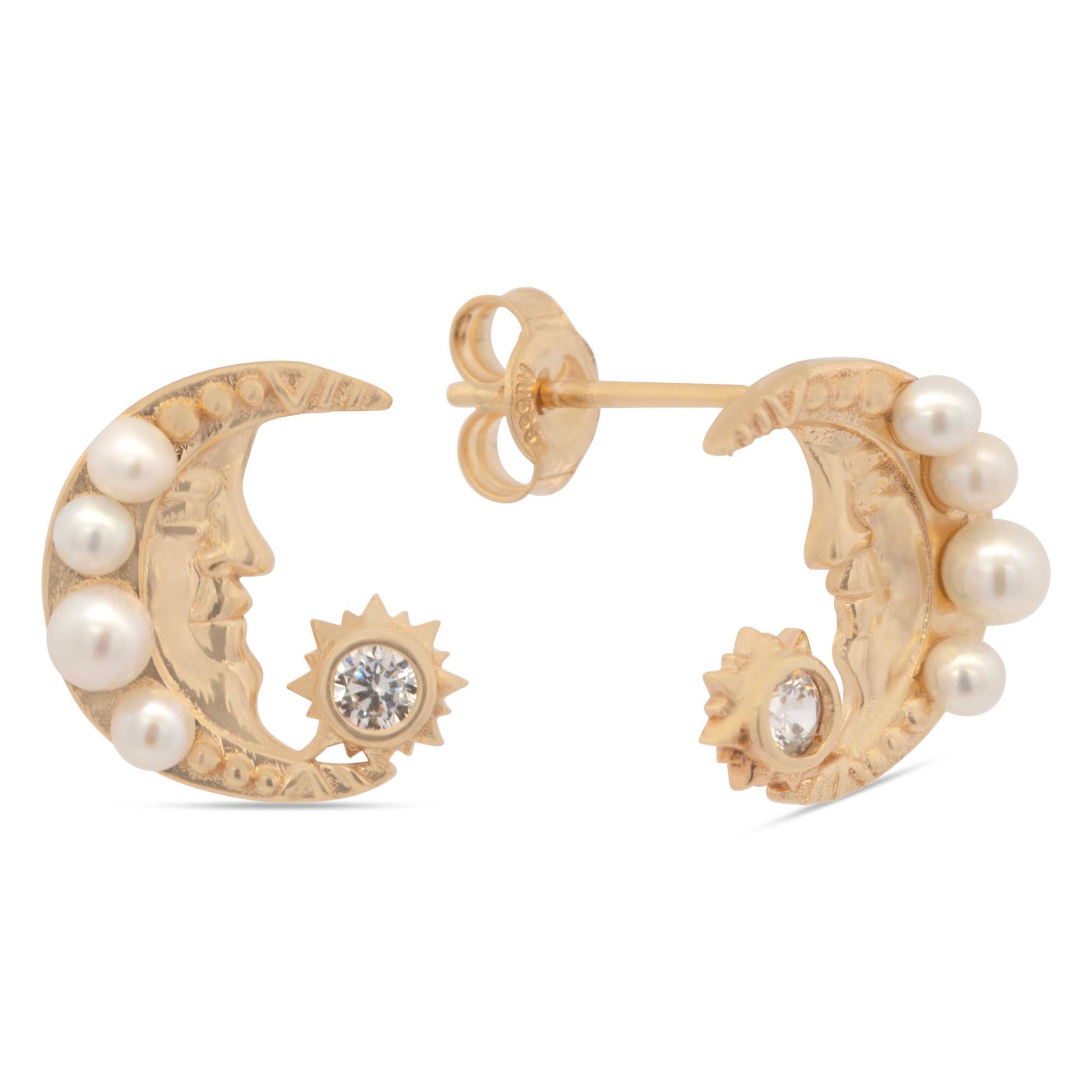14k Yellow Gold Moon with Pearls Earring