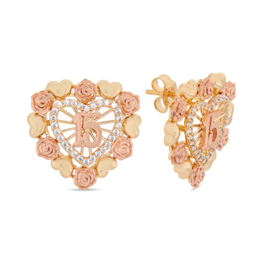 14k 2 Tones Gold Floral Heart 15 años Earring