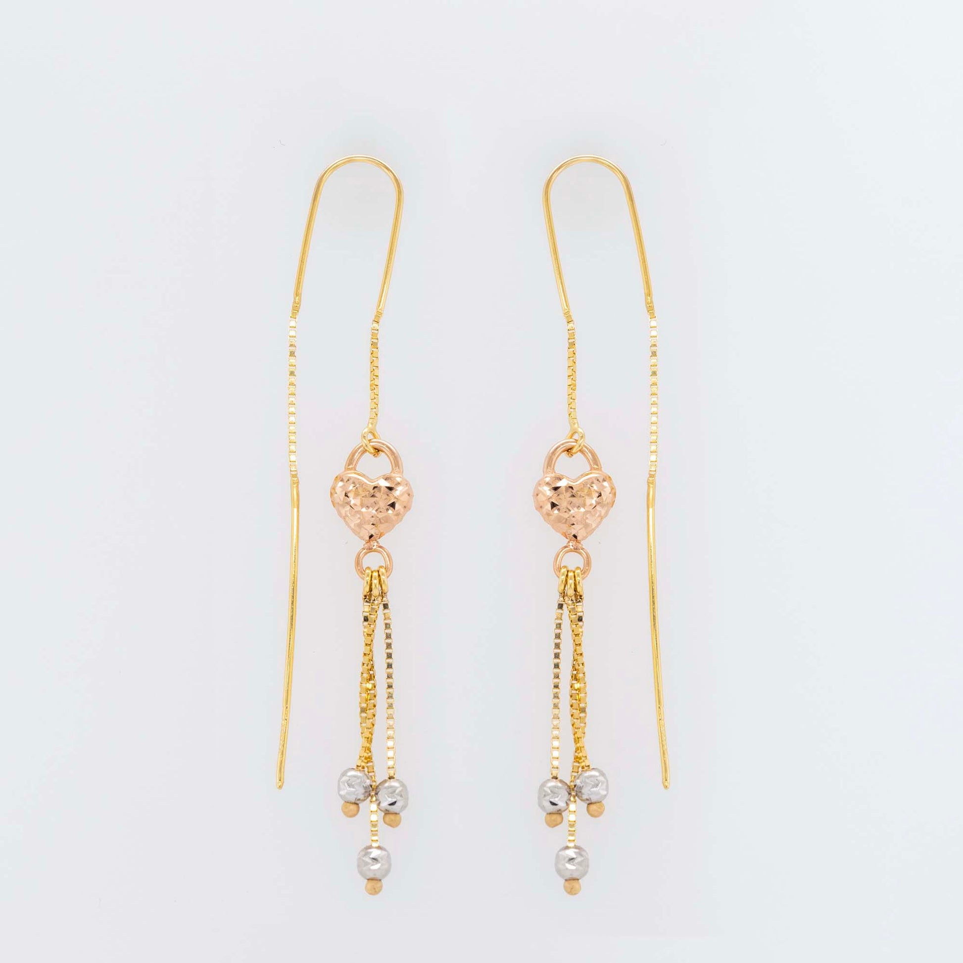 14K Tri-Color Gold Heart Lock Dangling Earrings