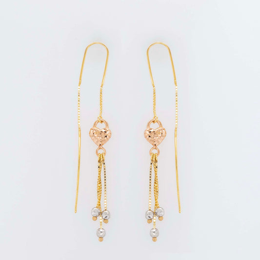 14K Tri-Color Gold Heart Lock Dangling Earrings