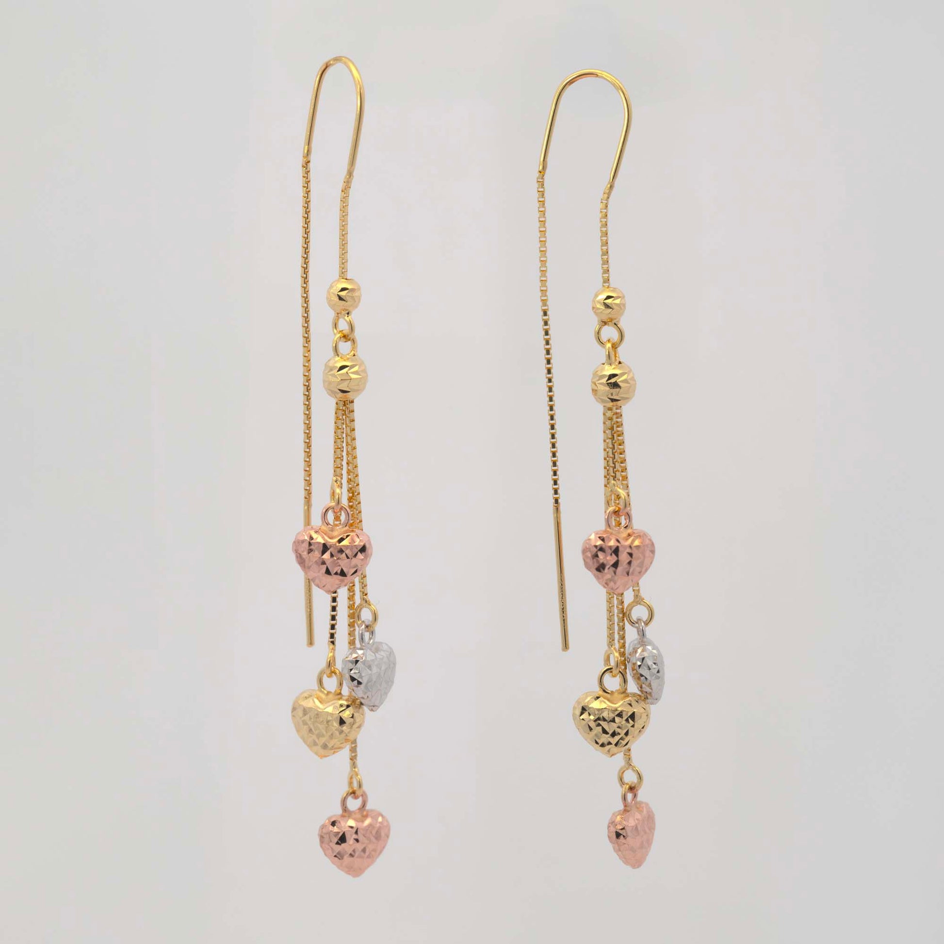 14K Tri-Color Gold Heart Dangling Earrings