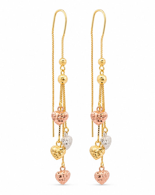 14K Tri-Color Gold Heart Dangling Earrings