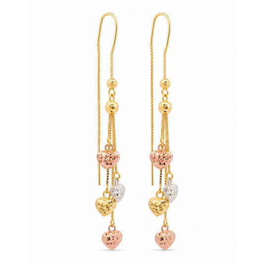14K Tri-Color Gold Heart Dangling Earrings