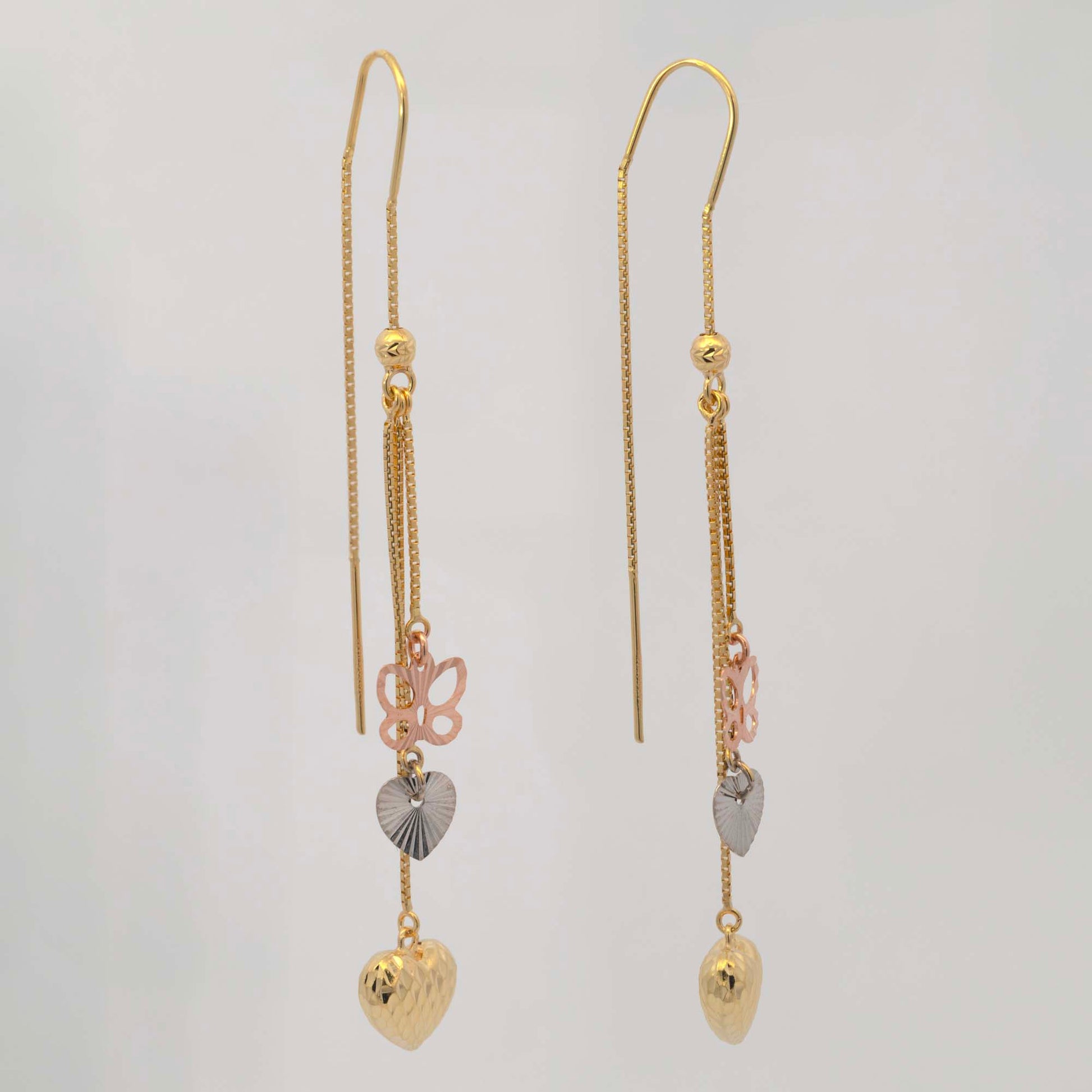 14K Tri-Color Gold Open Butterfly & Heart Dangling Earrings