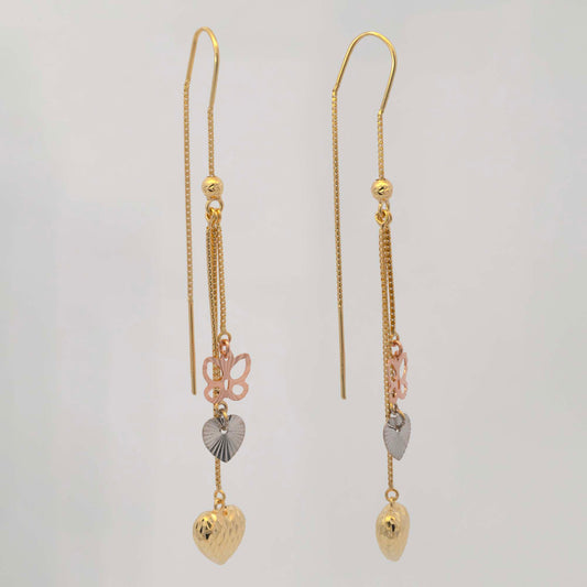 14K Tri-Color Gold Open Butterfly & Heart Dangling Earrings
