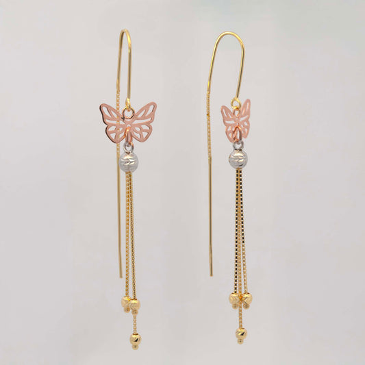 14K Tri-Color Gold Open Butterfly Dangling Earrings