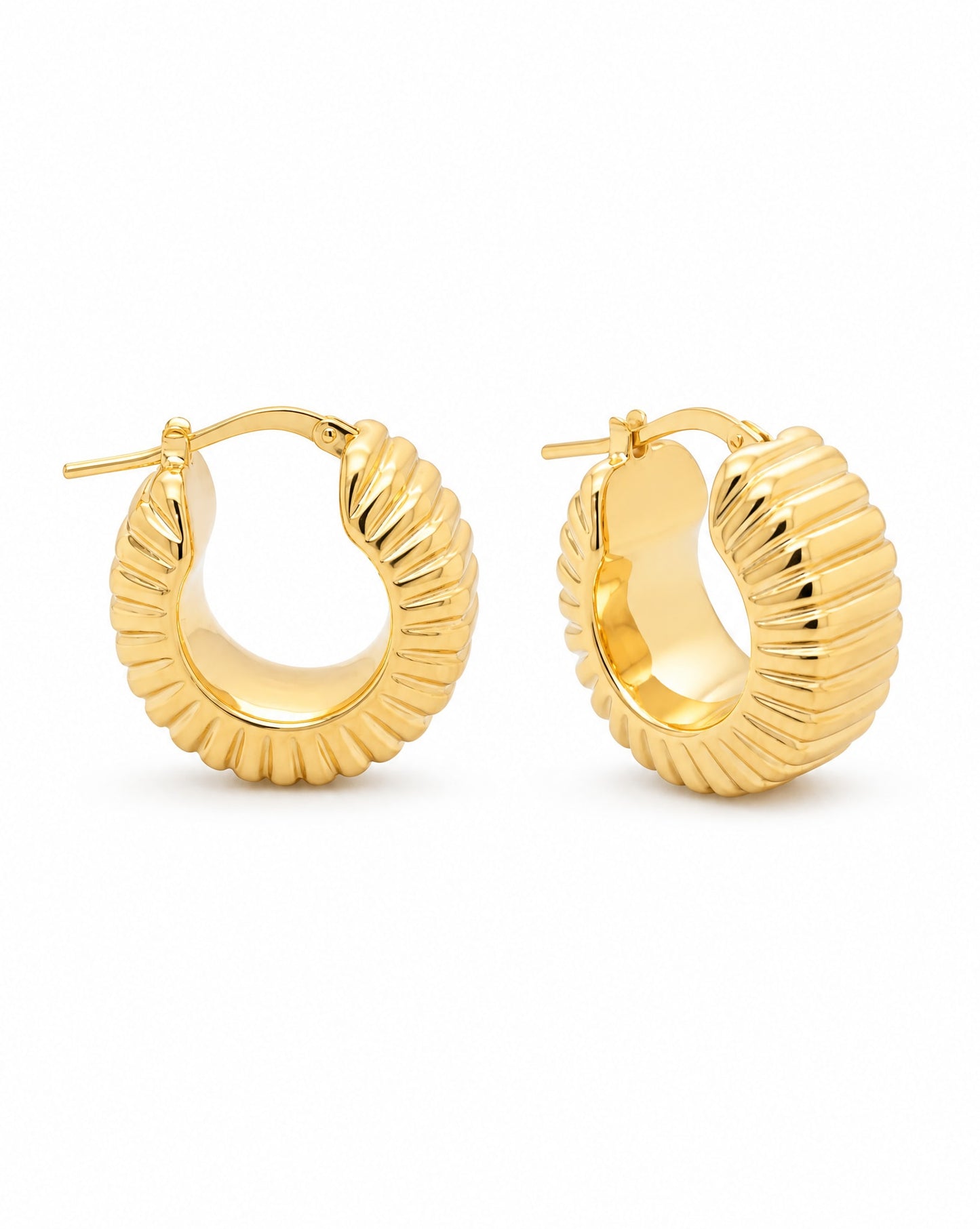 14K Yellow Gold Fluted Dome Hoop Earrings