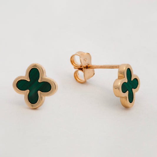 14K Yellow Gold Green Malachite Clover Stud Earrings