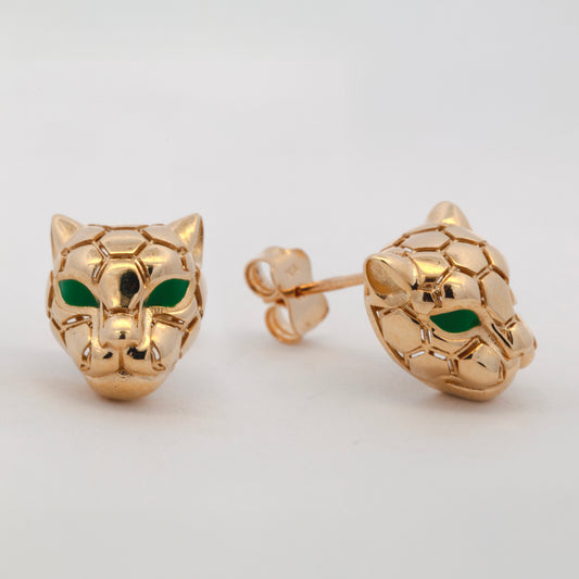 14K Yellow Gold Panther Head with Green Eyes Stud Earring