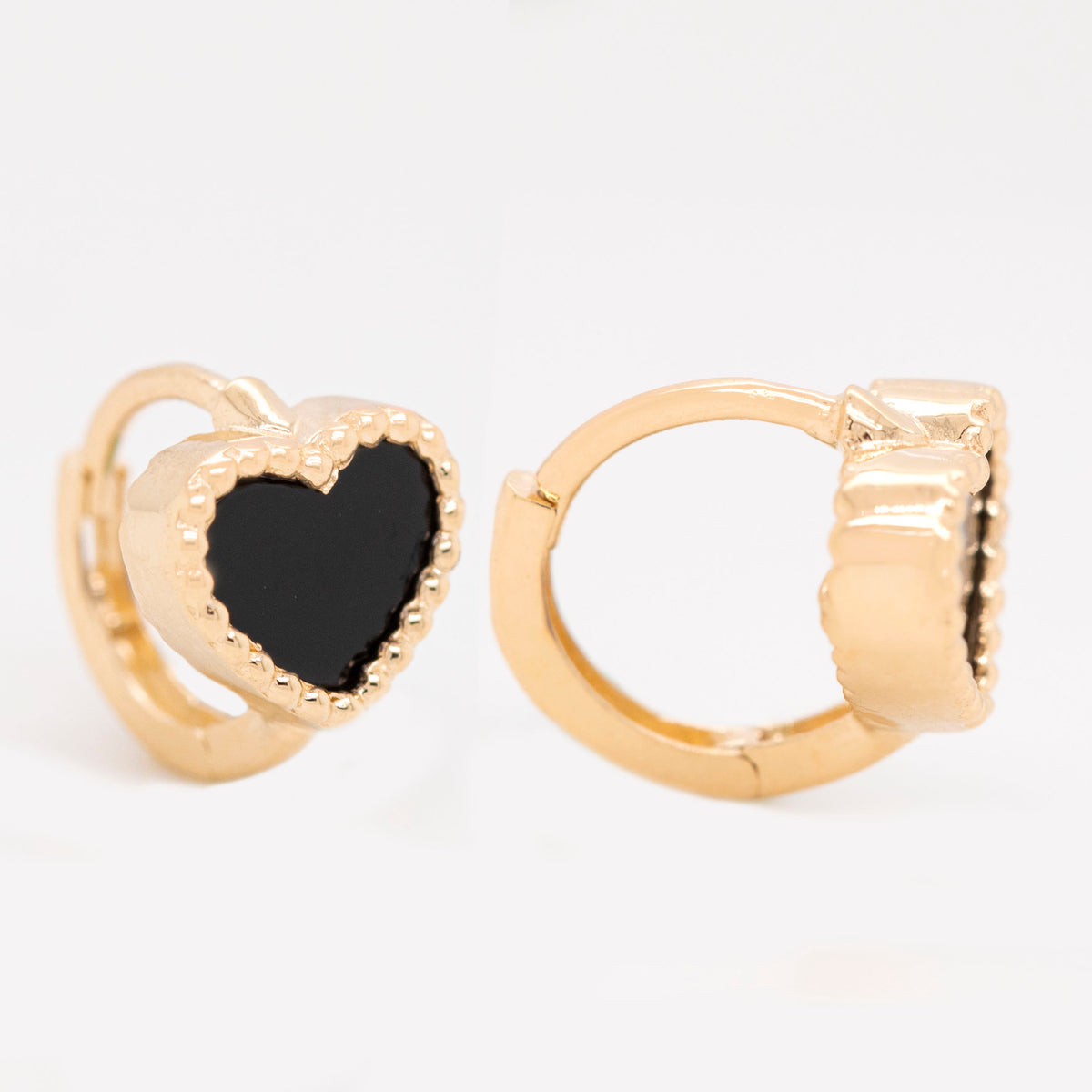 14K Yellow Gold Beaded Border Black Heart Huggie Earrings