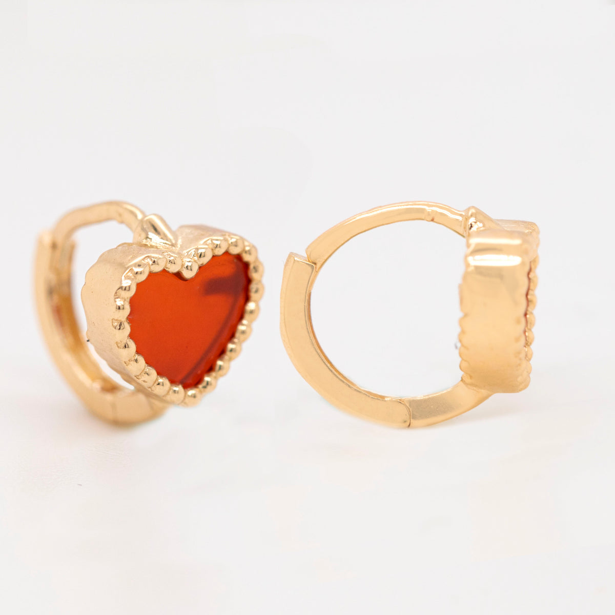14K Yellow Gold Beaded Border Red Heart Huggie Earrings