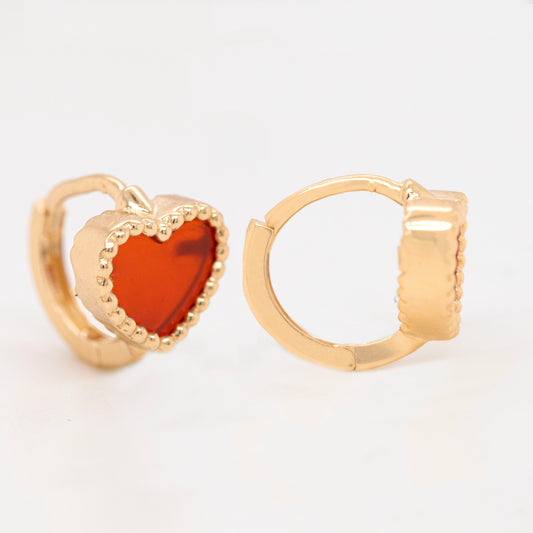 14K Yellow Gold Beaded Border Red Heart Huggie Earrings