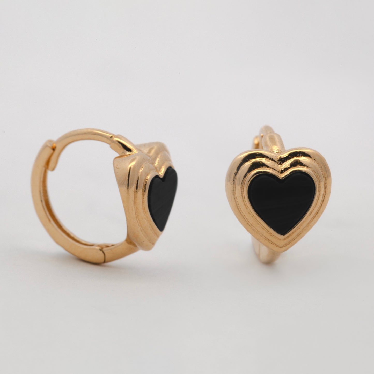 14K Yellow Gold Puffed Black Heart Huggie Earrings
