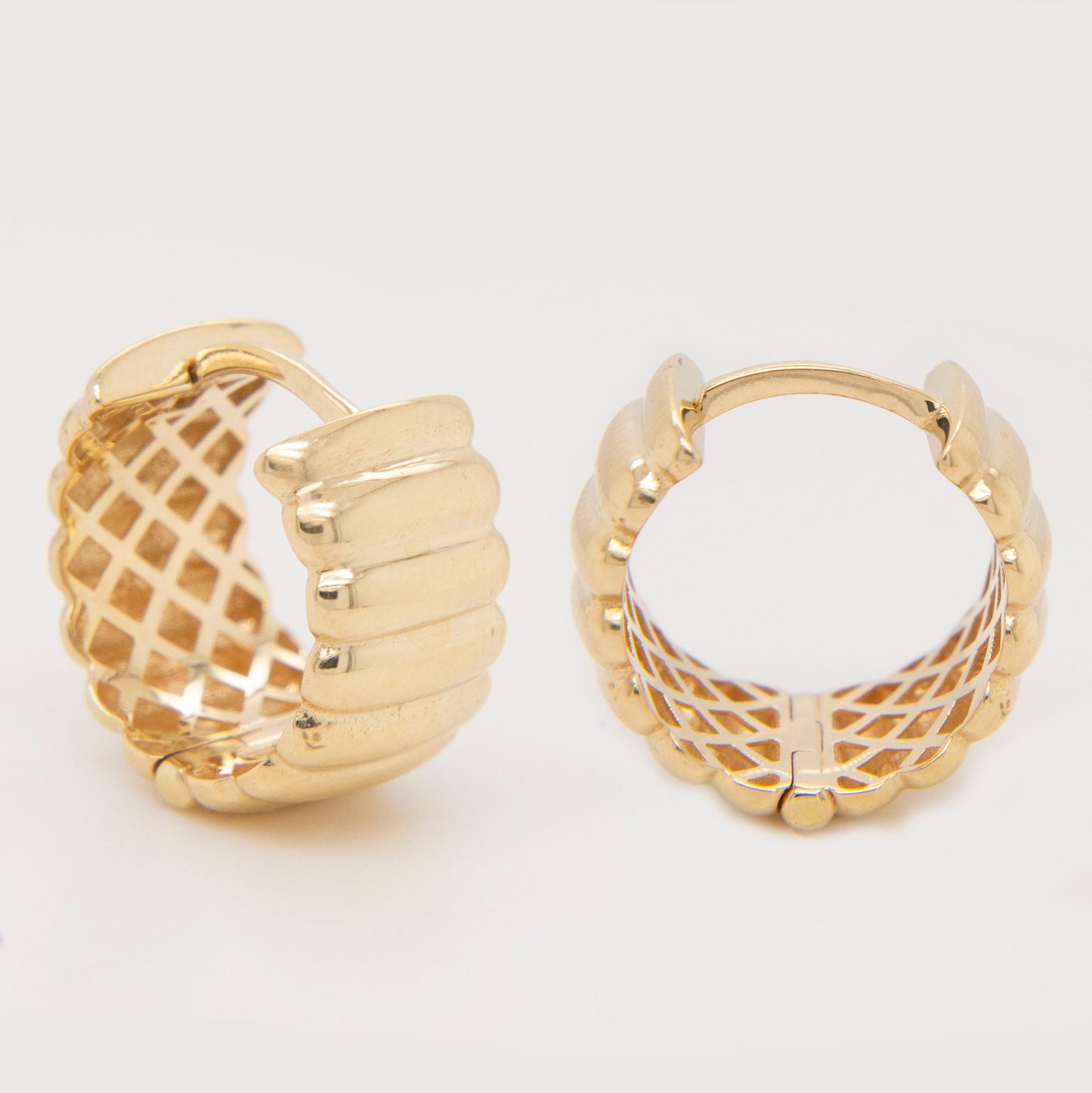 14K Yellow Gold Ribbed Wide Huggie Earrings