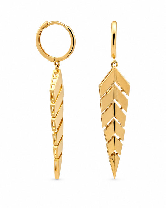 14K Yellow Gold Chevron Arrowhead Dangle Huggie Earrings