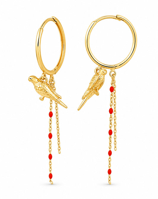 14K Yellow Gold Parrot Charm Dangle Endless Hoop Earrings