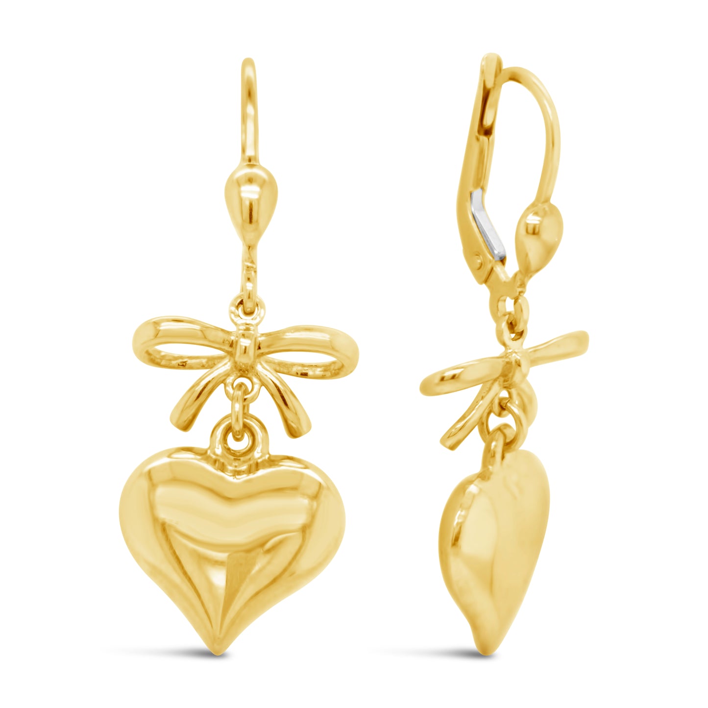 14K Yellow Gold Bow & Puffy Heart Dangle Earrings