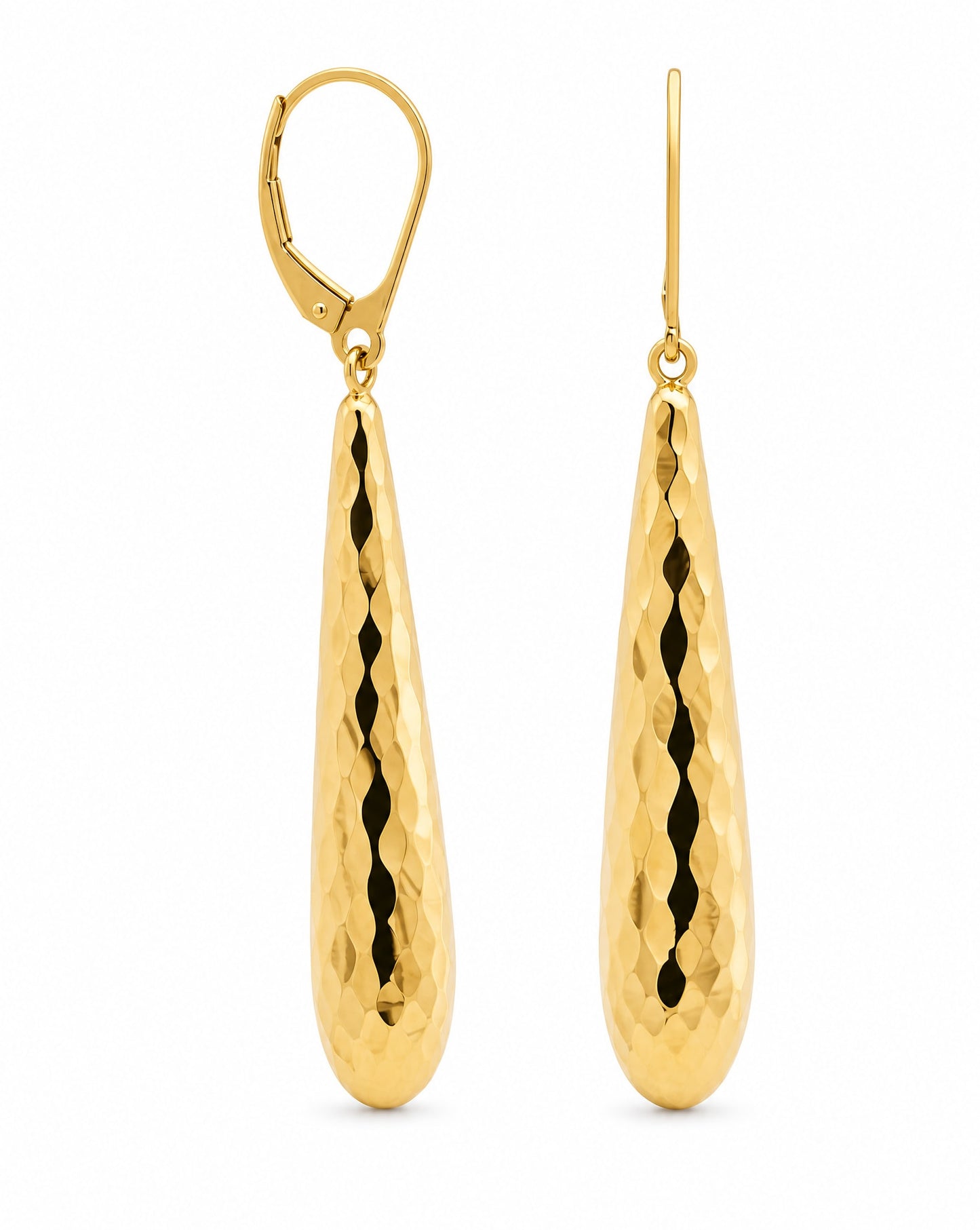 14K Yellow Gold Diamond Cut Elongated Teardrop Dangle Earrings
