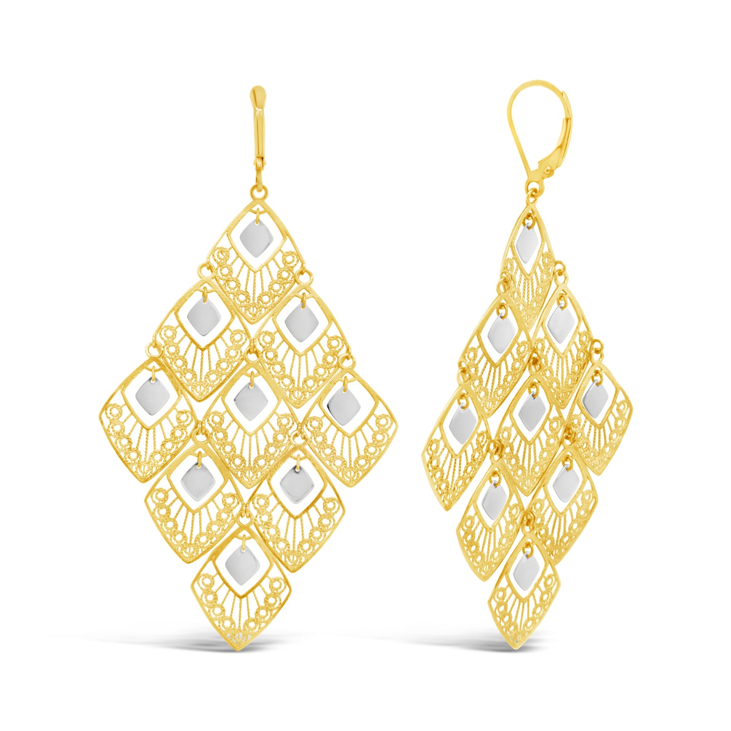 14K 2 Tones Gold Intricate Filigree Chandelier Dangle Earrings