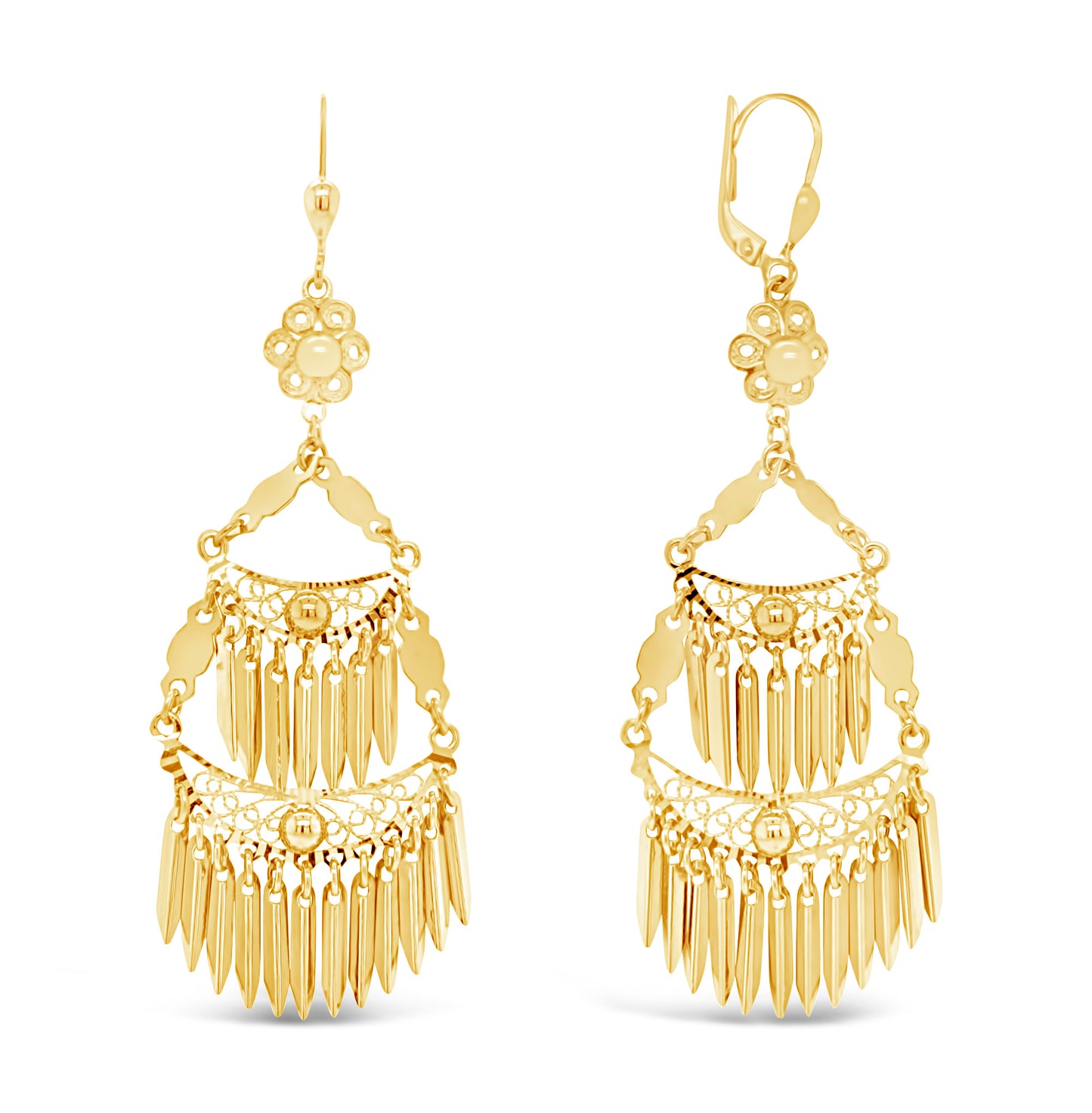 14K Yellow Gold Tiered Filigree Fringe Chandelier Earrings