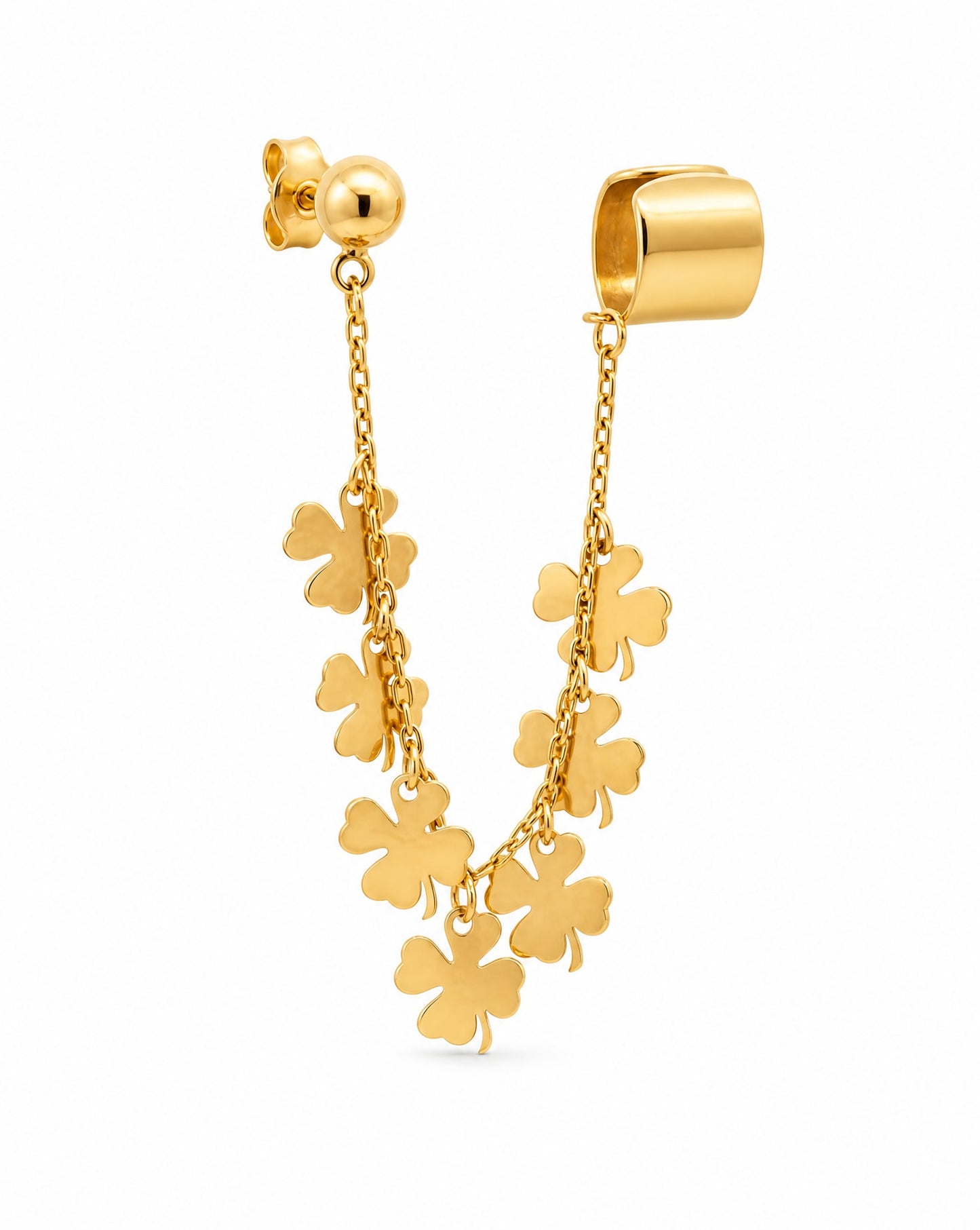 14K Yellow Gold Multi-Clover Dangle Ear Cuff & Post Set