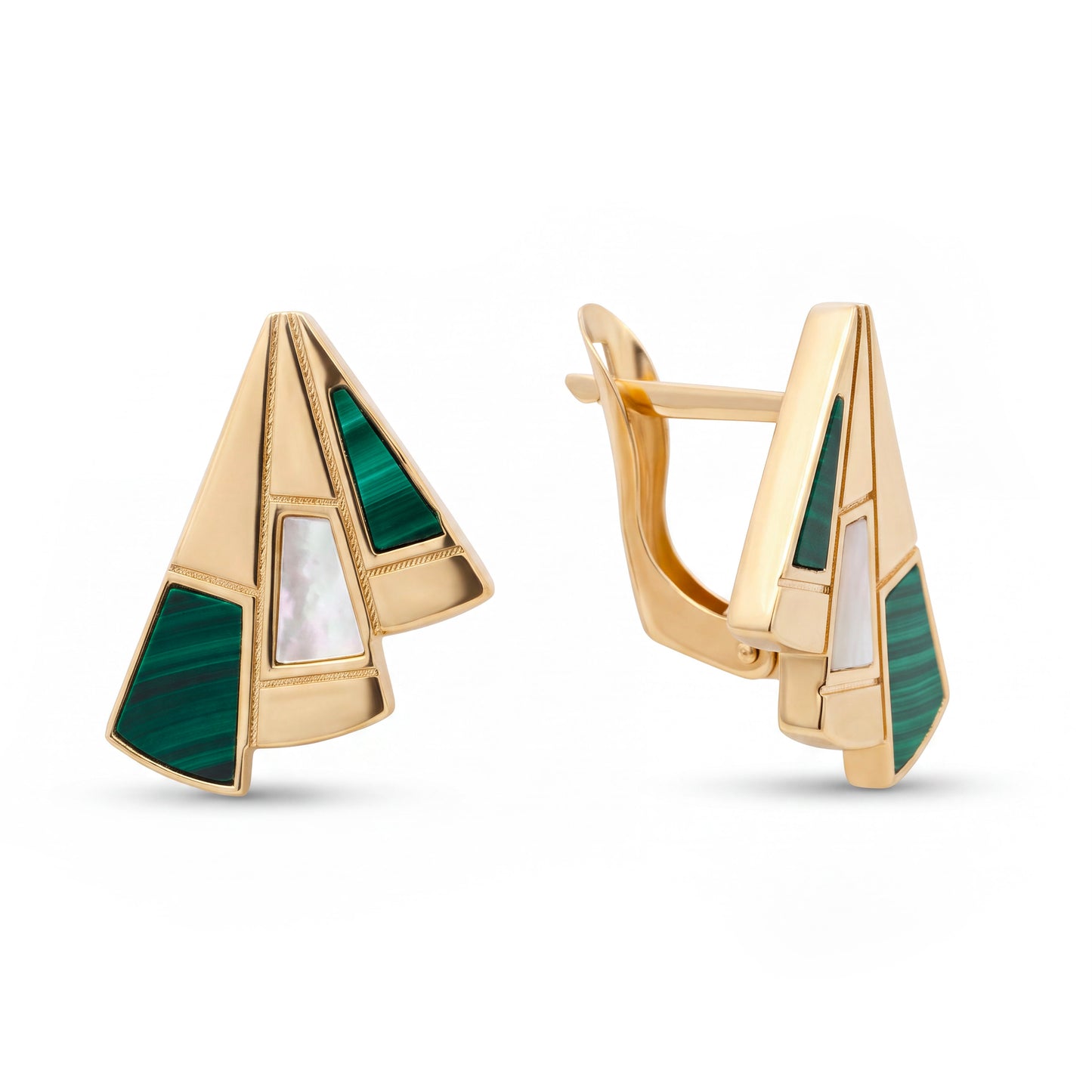 14K Yellow Gold Malachite & Mother of Pearl Geometric Earrings
