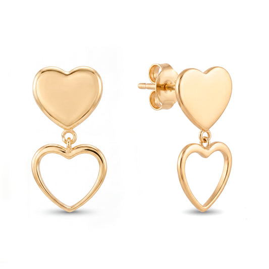 14K Yellow Gold Solid and Open Dangle Heart Earring