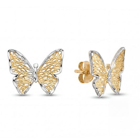 14K 2 Tones Gold Detailed Butterfly Earring