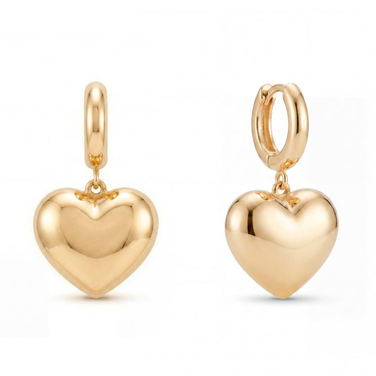 14K Yellow Gold Puffed Heart Dangling Huggie Earring