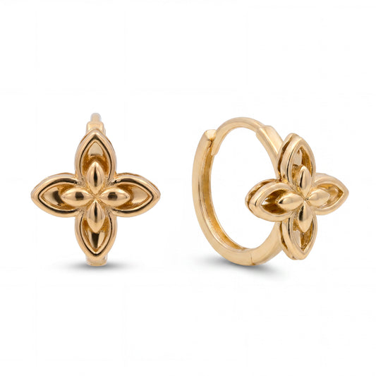 14K Yellow Gold Double Pointed Flowers Huggie Earring