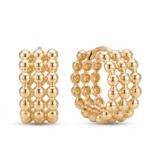 14K Yellow Gold Triple Row Beaded Huggie Earring