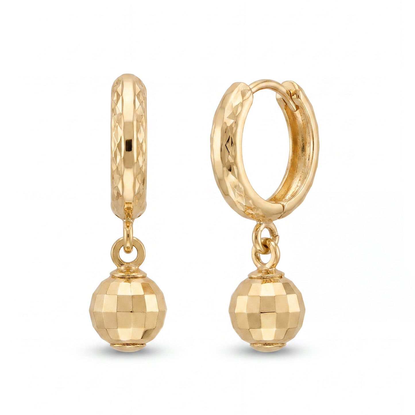14K Yellow Gold Medium Diamond Cut Disco Ball Dangle Huggie