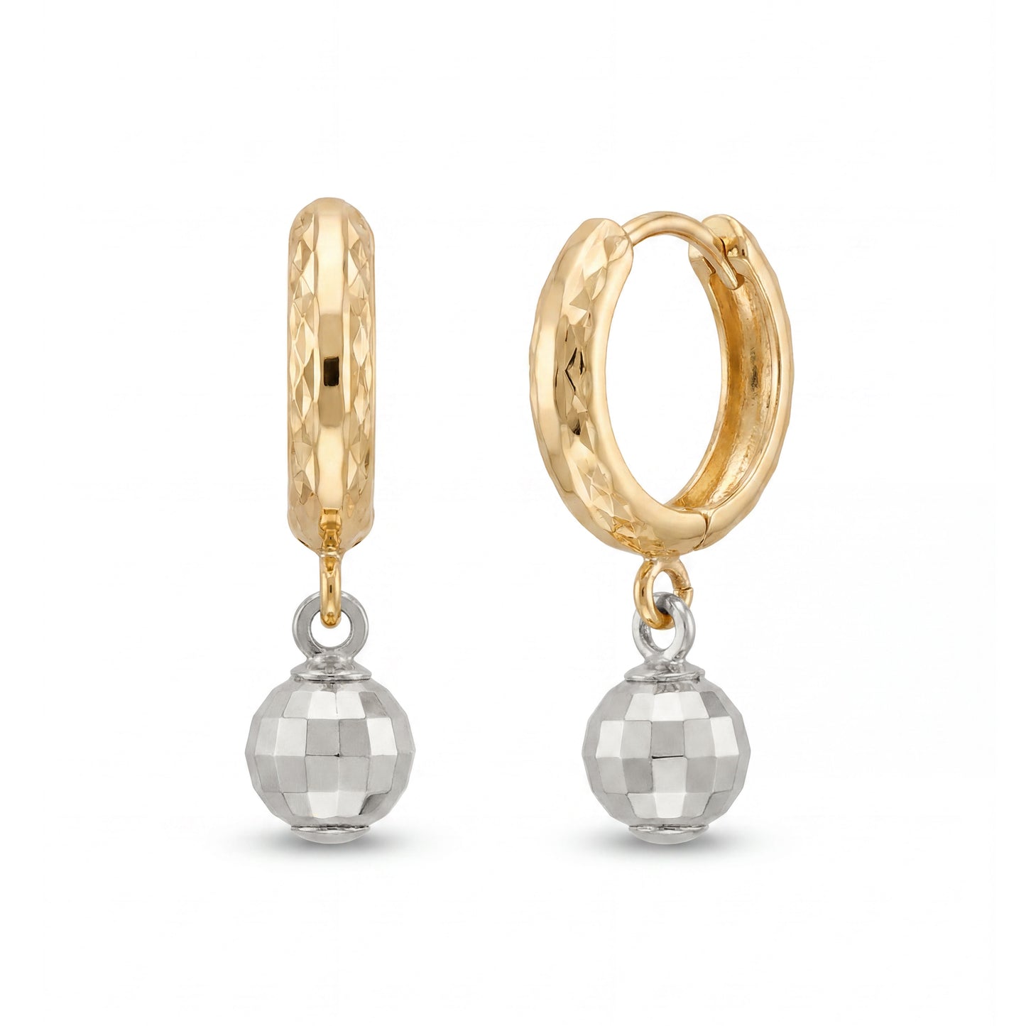 14K 2 Tones Gold Small Diamond Cut Disco Ball Dangle Huggie