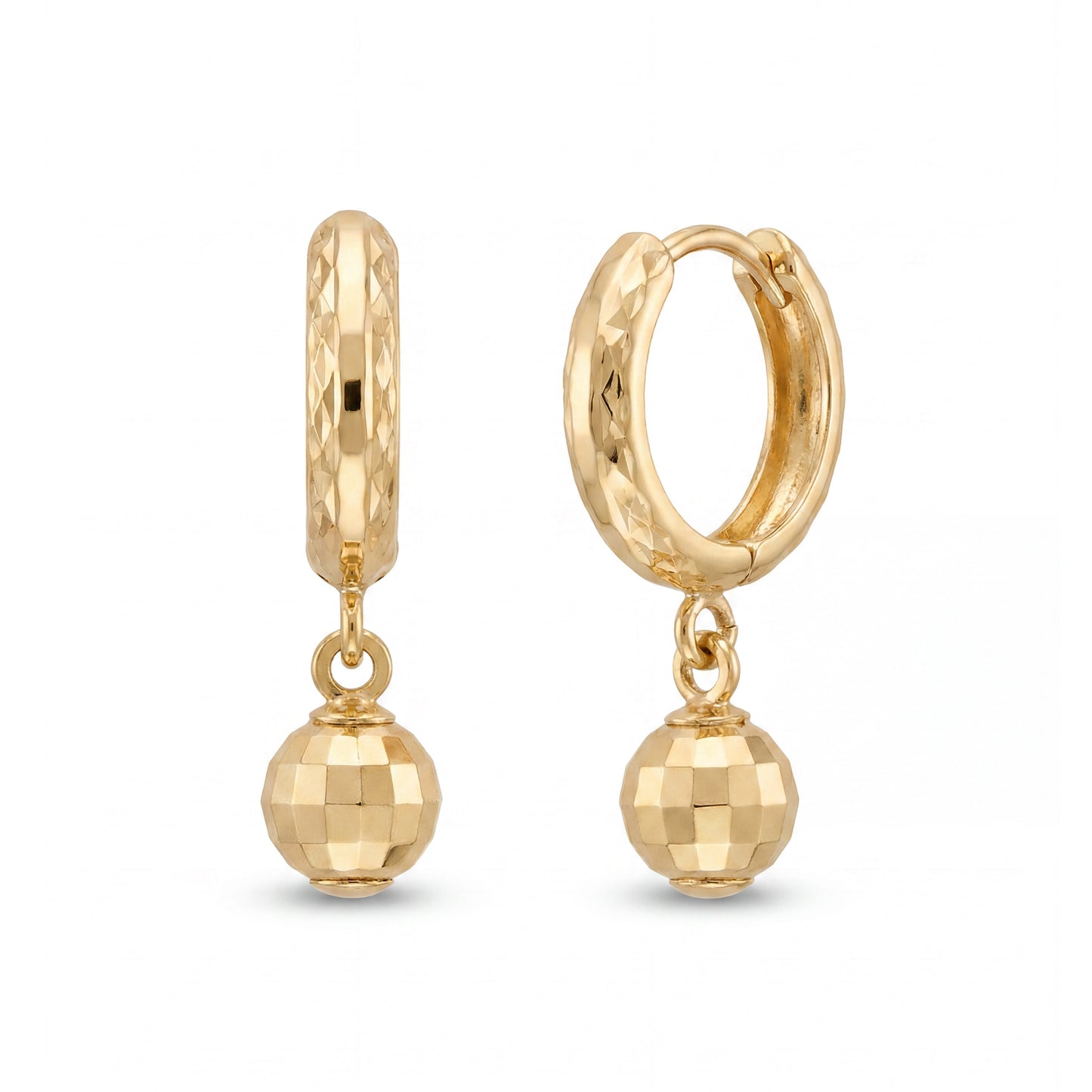 14K Yellow Gold Small Diamond Cut Disco Ball Dangle Huggie