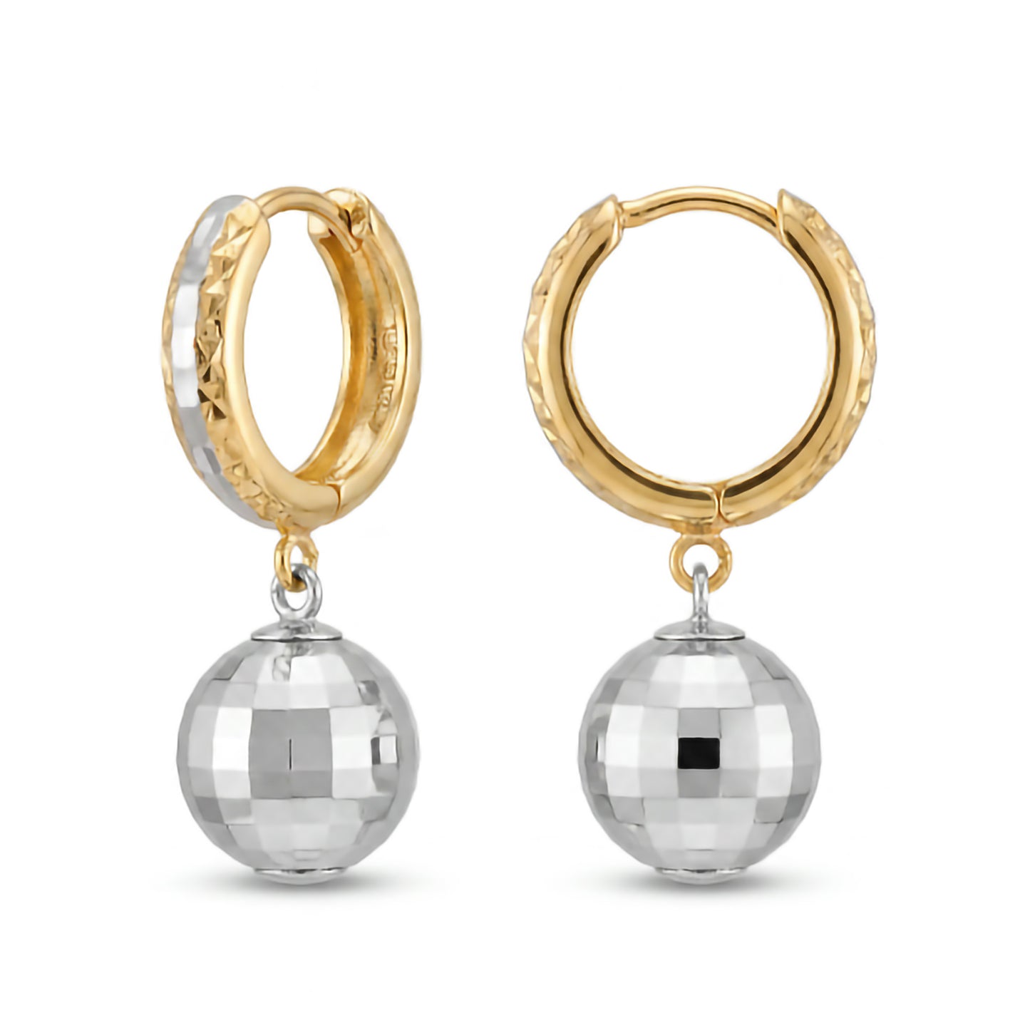 14K 2 Tones Gold Disco Ball Dangle Huggie Earring - Style 1