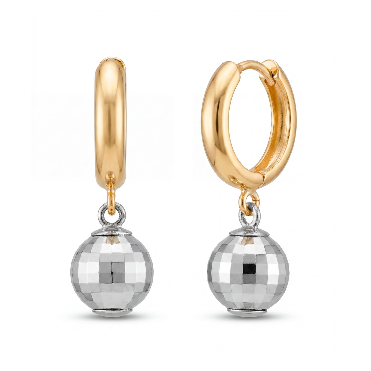14K 2 Tones Gold Disco Ball Dangle Huggie Earring - Style 2