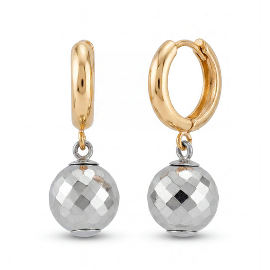 14K 2 Tones Gold Disco Ball Dangle Huggie Earring - Style 3