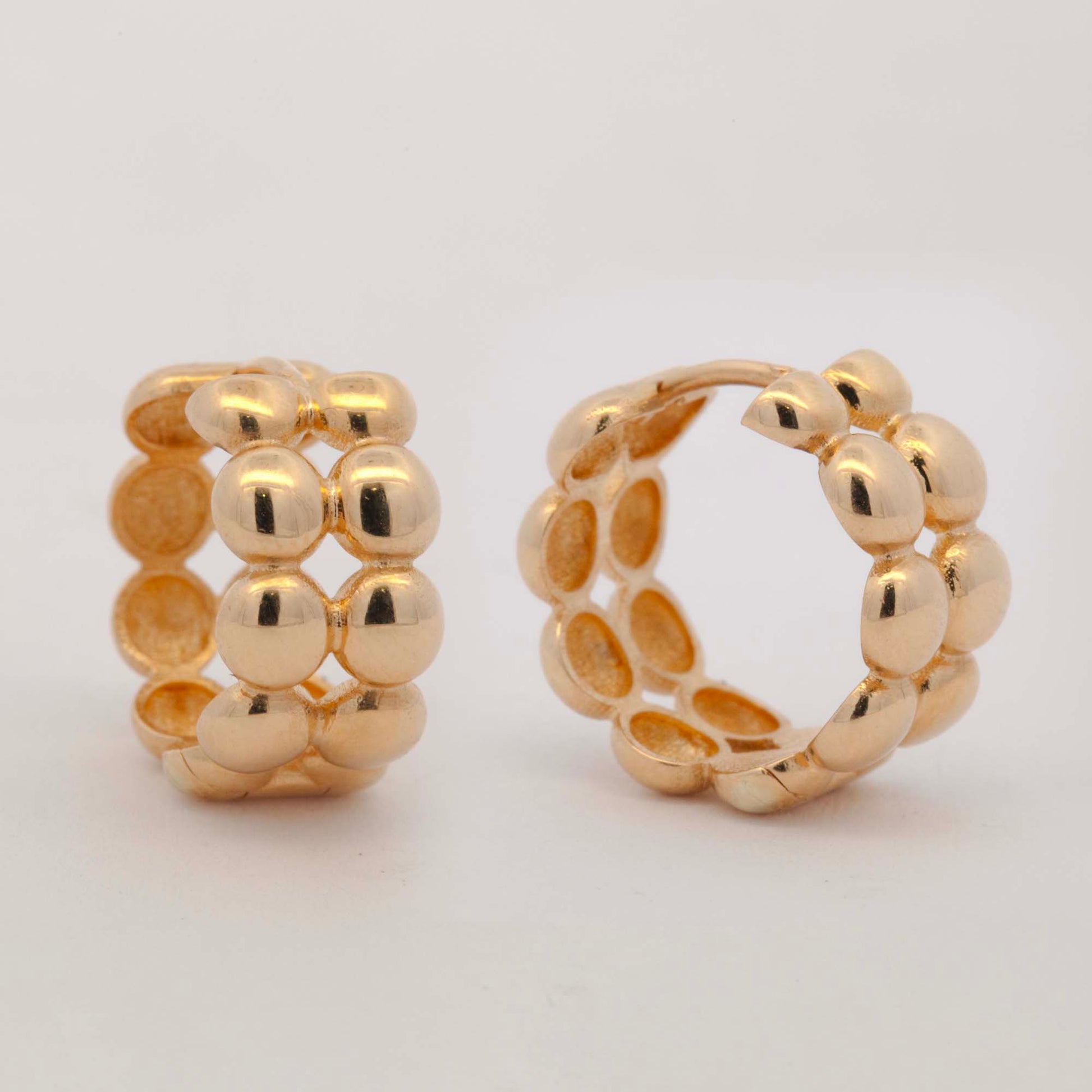14K Yellow Gold Double Beaded Row Huggies Earring