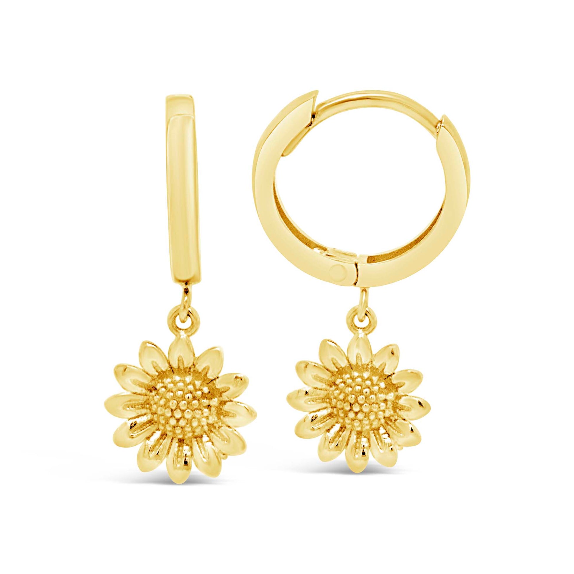 14K Yellow Gold Dangling Sunflower Huggie Earring