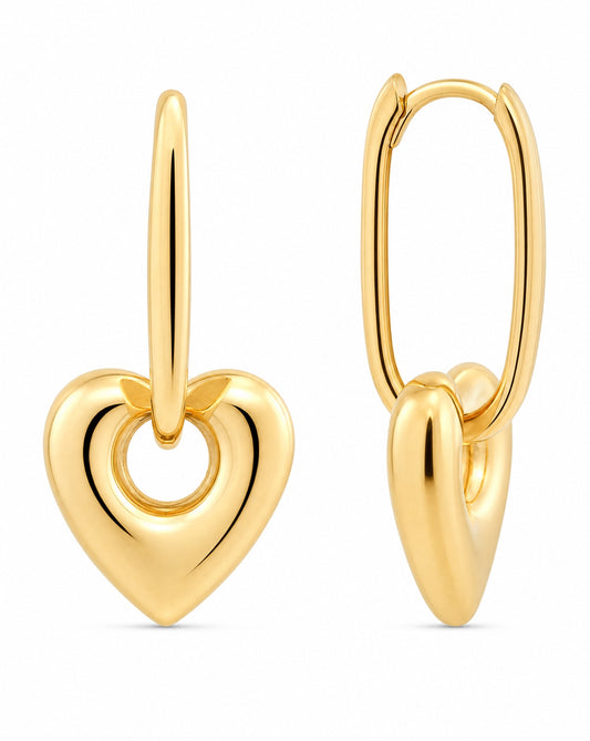 14K Yellow Gold Dangling Puffy Heart Huggie Earring