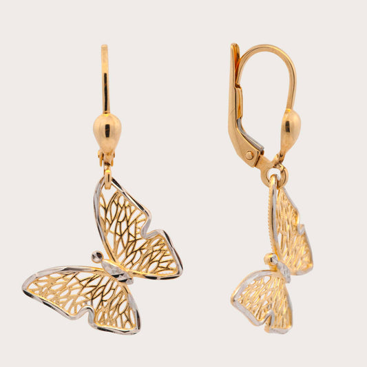 14K 2 Tones Gold Dangling Butterfly Earring